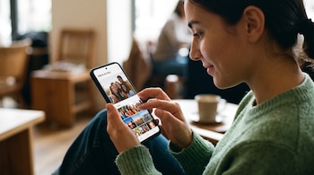 Primer plano de una mujer de perfil sosteniendo un teléfono inteligente que exhibe una galería de fotos en su pantalla.