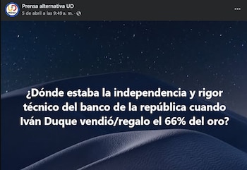 Publicaciones en redes sociales atribuyen de forma errónea al gobierno la venta de reservas de oro. - crédito Prensa alternativa UD/Facebook