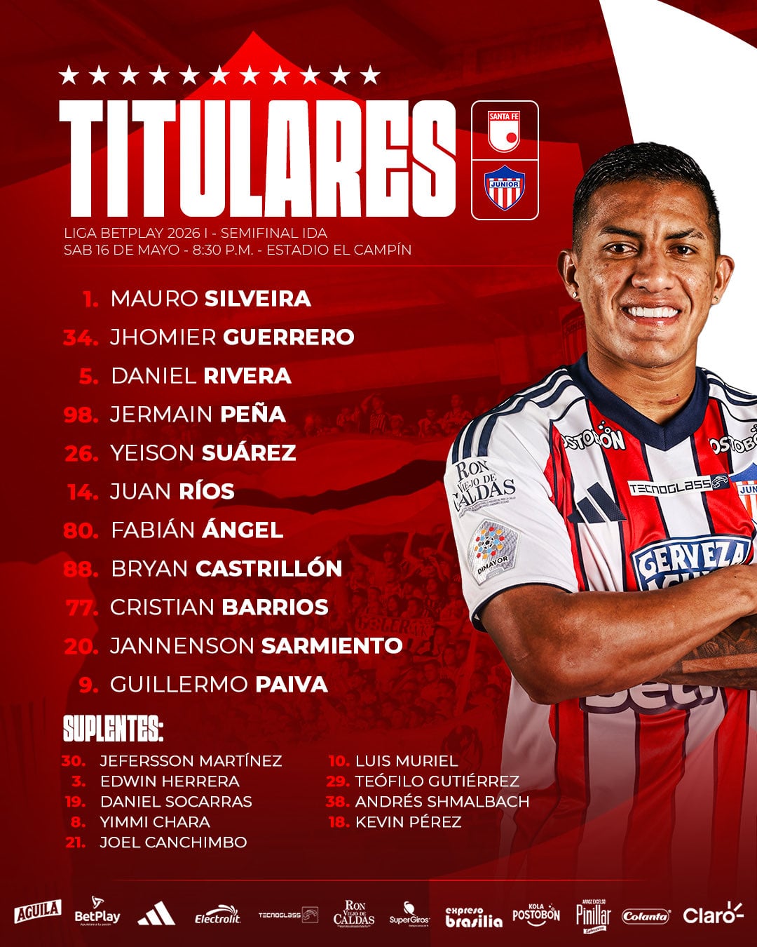 Alineación del Junior en Bogotá, donde visita a Santa Fe por la ida de las semifinales de la Liga BetPlay - crédito Junior FC