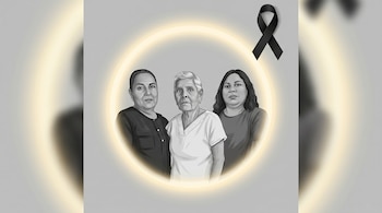 Ilustración en escala de grises de tres mujeres (Mirna Leticia, Estefanía, Martha Elena) dentro de un halo de luz dorada, con un lazo de luto negro.