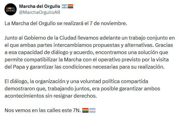 El comunicado de la Comisión Organizadora de la Marcha del Orgullo confirmó que la movilización se realizará el 7 de noviembre