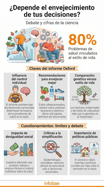 Infografía. Muestra a un hombre atlético con vegetales y a uno obeso con comida rápida. Resume un informe de Oxford y el debate sobre estilo de vida y envejecimiento.