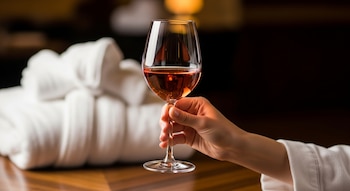 Una mano sostiene una copa con vino rosado. Al fondo, batas blancas dobladas sobre una superficie de madera, con luces cálidas desenfocadas.