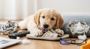 Un cachorro Golden Retriever de color crema mastica una sandalia clara en el suelo de madera, con un cojín gris rasgado y otros objetos desordenados alrededor.