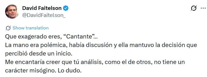 Faitelson alega que los comentarios directos hacia la árbitra son emitidos con un tono misógino. (TW David Faitelson)