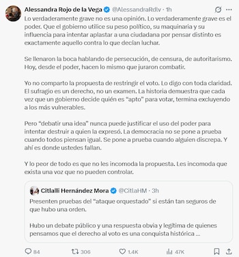 Captura de pantalla de dos tuits. El primero es de Alessandra Rojo de la Vega y el segundo es una respuesta de Citlalli Hernández Mora