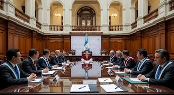 Doce hombres con trajes, bandas y una toga, sentados alrededor de una mesa. Detrás, la bandera de Guatemala y un cartel del Congreso de la República.