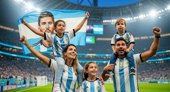 Cinco personas, dos adultos y tres niños, visten camisetas de Argentina y alientan en un estadio con una bandera de Lionel Messi.