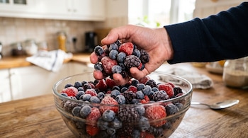 Mano que sostiene un conjunto de arándanos, fresas y moras congeladas sobre un recipiente de vidrio lleno de fruta.