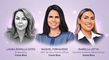 Ilustración digital de tres mujeres empresarias: Laura Bonilla Coto en escala de grises, Raquel Fernández sonriente y Isabella Leyva con cabello rubio.