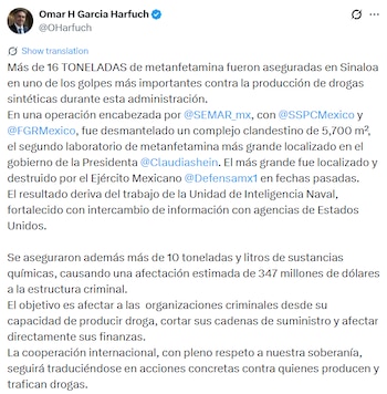 Tweet de Harfuch de la mañana de este 4 de septiembre, tras los golpes contra el narco en Sinaloa. Crédito: X - @OHarfuch