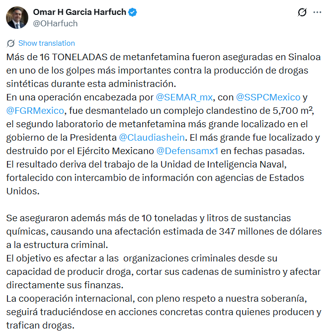 Tweet de Harfuch de la mañana de este 4 de septiembre, tras los golpes contra el narco en Sinaloa. Crédito: X - @OHarfuch