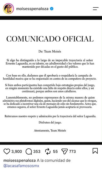 Publicación de Instagram con perfil "moisesspenaloza". Muestra un comunicado oficial de "Team Moisés" sobre Ernesto Laguardia e iconos de interacción