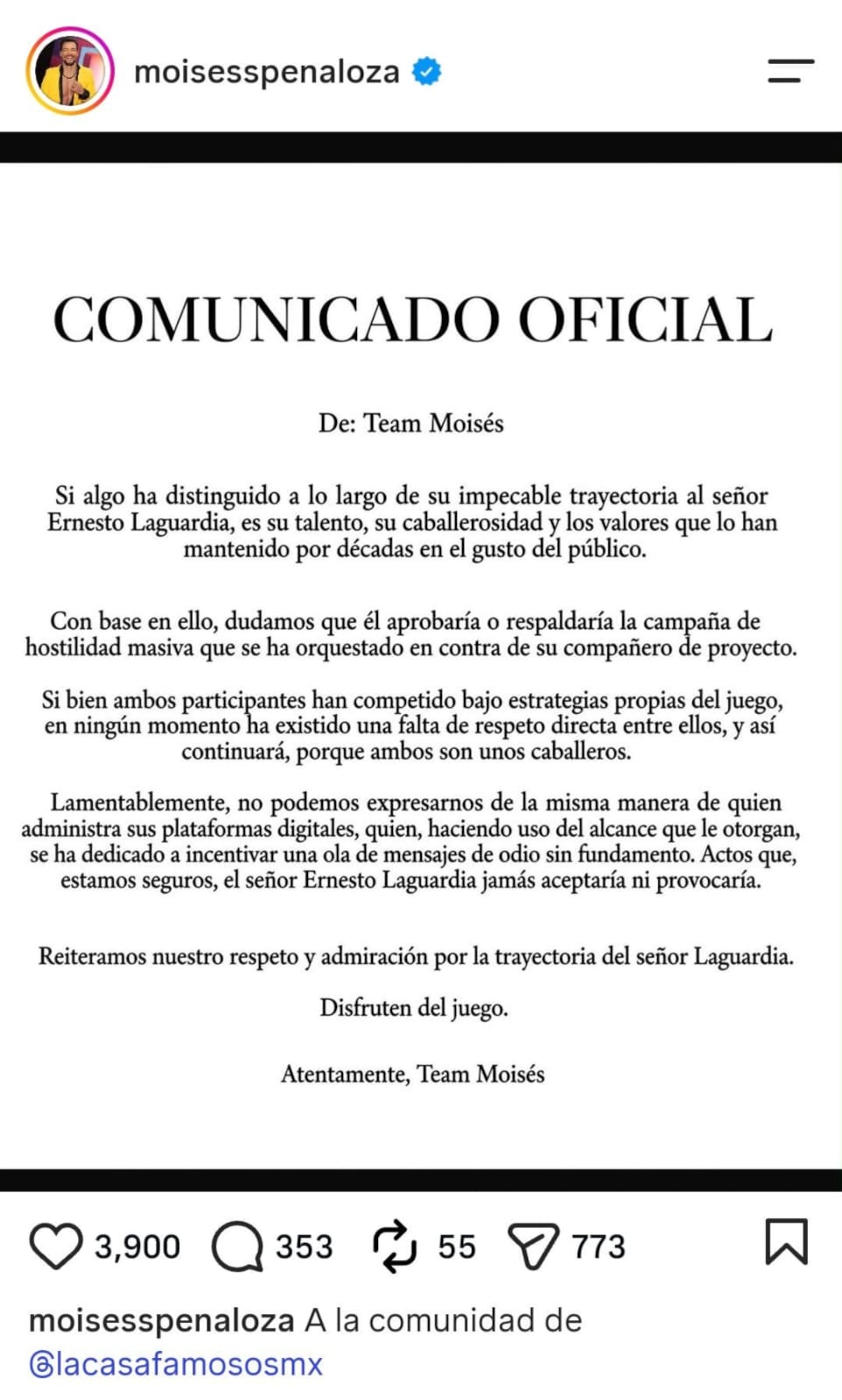 El equipo de Moisés Peñaloza publica un comunicado oficial en redes sociales sobre una campaña de hostilidad contra Ernesto Laguardia. (Instagram)