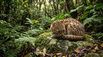 Un felino pequeño de pelaje moteado se lame la cola sobre una piedra con musgo rodeado de helechos y hojas.