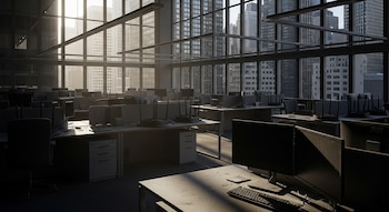 Vista de una oficina moderna y vacía con filas de escritorios, monitores y sillas. Grandes ventanas muestran edificios altos bajo la luz del sol.