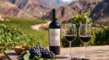 Una botella de vino tinto, dos copas servidas, un racimo de uvas y un tazón de barro sobre una mesa de madera frente a viñedos y montañas.