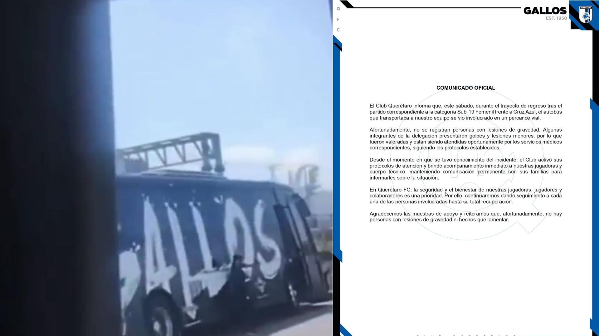 Autobús de Querétaro Femenil Sub 19 se impacta contra valla en Tepoztlán tras disputar partido ante Cruz Azul
