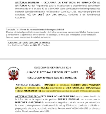 JEE determina que Héctor Ventura infringió la ley electoral.