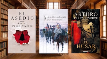 Tres portadas de libros de Arturo Pérez-Reverte: El Asedio, La sombra del águila y El Húsar, sobre una biblioteca desenfocada.