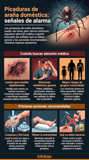 Una infografía muestra una araña, un brazo con una picadura, un paciente con fiebre, siluetas de personas, limpieza de herida, pierna elevada y advertencias.
