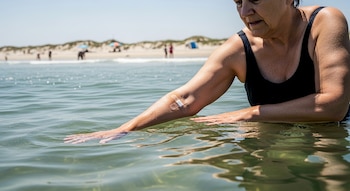 Una persona adulta con un apósito en el brazo derecho está en el agua, con una playa con personas y sombrillas al fondo bajo un cielo despejado.
