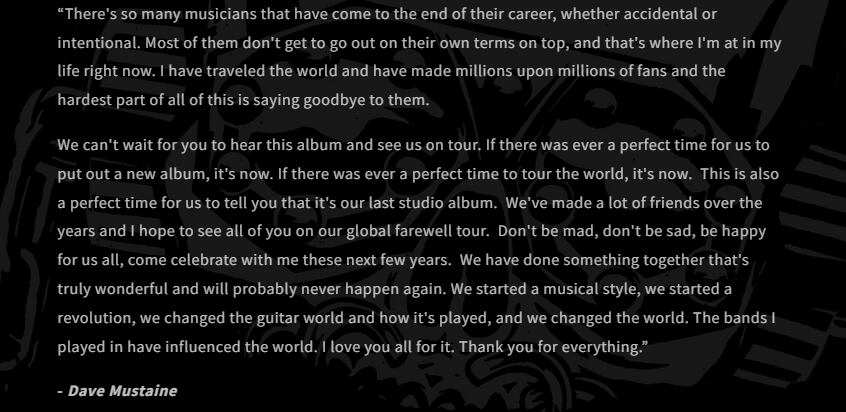 A través de un comunicado, Dave Mustaine expresó su sentir al decirle adiós a Megadeth y su público (Créditos: megadeth.com)