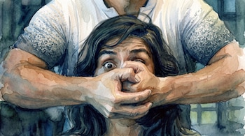 Ilustración en acuarela de un hombre sujetando y cubriendo la boca de una mujer con ambas manos.