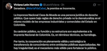 León Herrera explicou que o modelo das empresas industriais e comerciais do Estado permitiu-lhes operar sob regras específicas sem perder a sua identidade pública, e que a Casa da Moeda portuguesa é semelhante à Imprensa Nacional da Colômbia - crédito @LeonViviana/X
