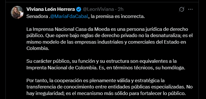 León Herrera explicó que el modelo de empresas industriales y comerciales del Estado permitía operar bajo reglas privadas sin perder su carácter público, y que la Casa de la Moneda portuguesa era homóloga a la Imprenta Nacional de Colombia - crédito @LeonViviana/X