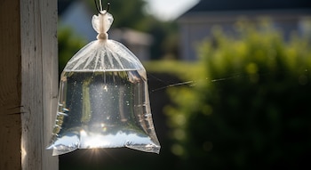 Bolsa de plástico transparente llena de agua, atada y colgada de una estructura de madera. Se observa un ligero brillo del sol en el agua y telarañas finas a la derecha.