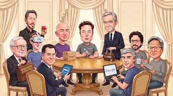Caricatura de diez líderes empresariales en una mesa, con logos de Berkshire Hathaway, Meta, Amazon, Dell, SpaceX, LVMH, Google y Nvidia visibles.