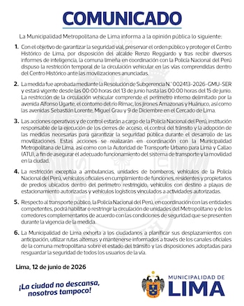 La Municipalidad de Lima restringirá el tránsito vehicular en el Centro de Lima ante la marcha anunciada por Juntos por el Perú. (Foto: MML)