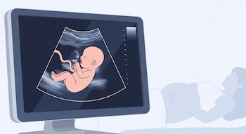 Ilustración de un monitor de ecografía mostrando un feto rosado bostezando dentro del útero, con una mujer embarazada difuminada de fondo.