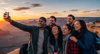 Seis amigos sonrientes posan para una selfie en un mirador del Gran Cañón al atardecer. Un hombre extiende su brazo con un teléfono móvil.