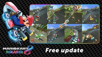 Mario en un vehículo junto al logotipo de Mario Kart 8 Deluxe, el texto Free update y seis capturas de pantalla de carreras