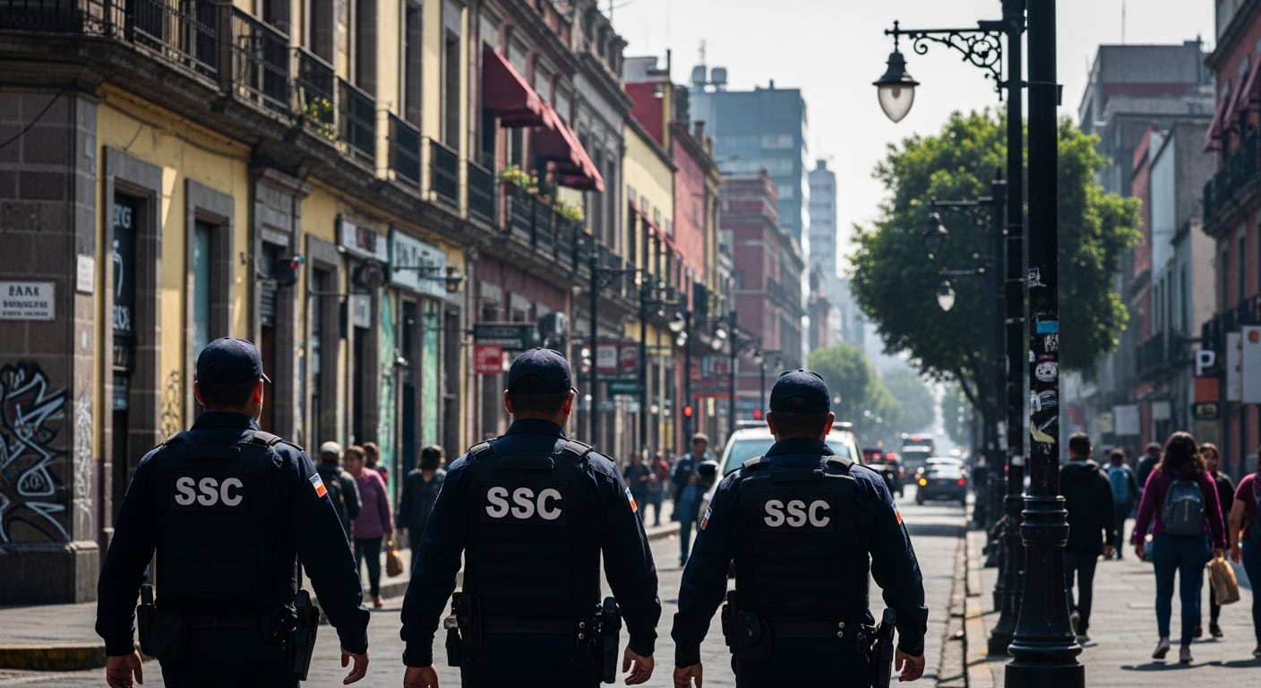 Oficiales de la Secretaría de Seguridad Ciudadana (SSC) patrullan una concurrida calle en la alcaldía Álvaro Obregón, manteniendo la vigilancia en esta zona urbana. (Imagen Ilustrativa Infobae)