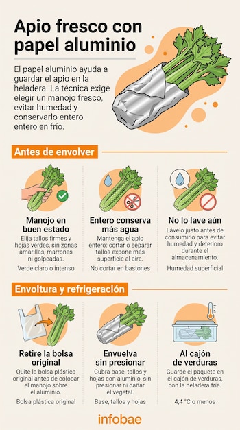 Infografía sobre la conservación de apio con papel aluminio que incluye ilustraciones de seis pasos y texto explicativo.