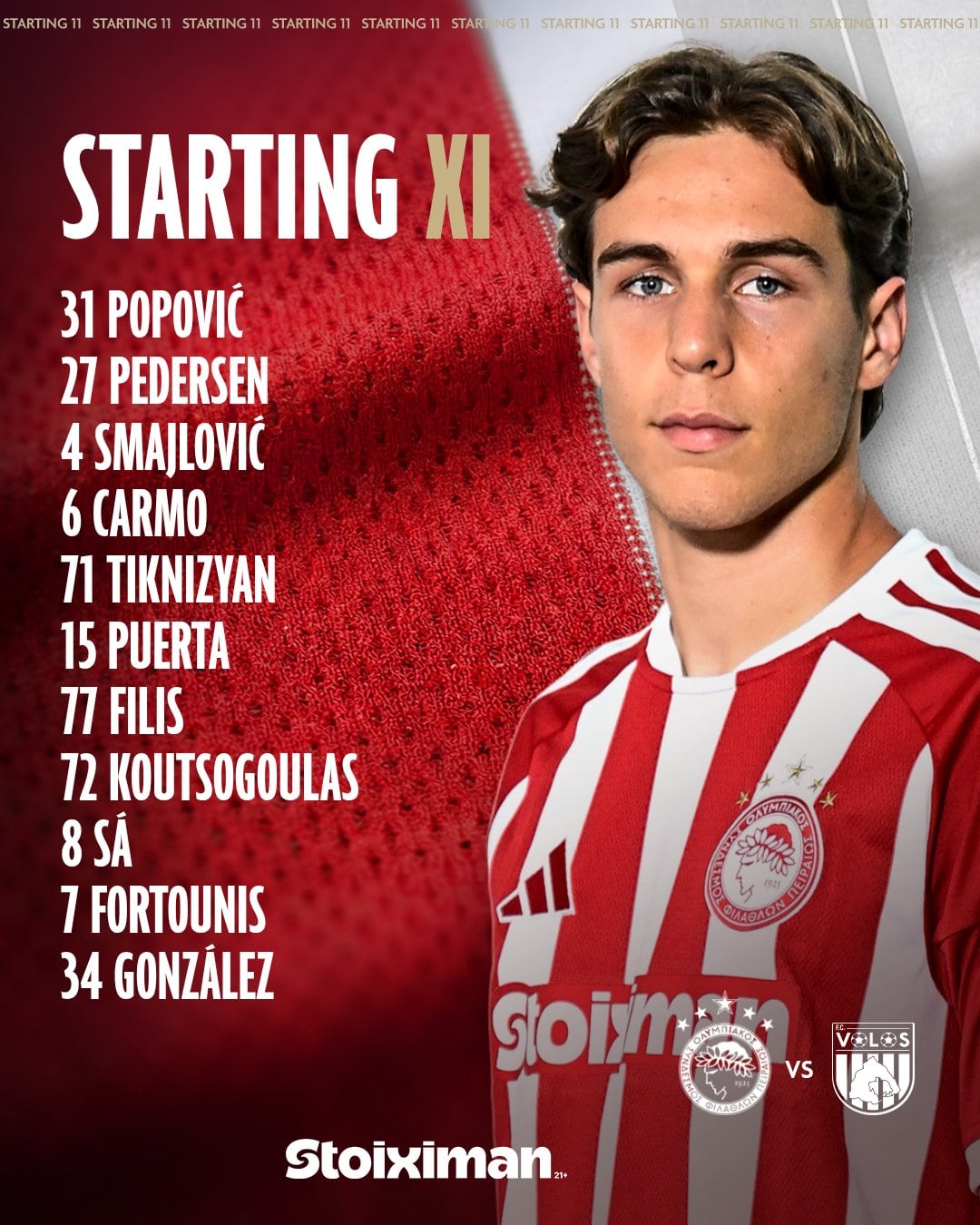 Nómina titular de Olympiacos en el partido de la fecha 2 de la Copa de Grecia, con Gustavo Puerta como titular - crédito Olympiacos