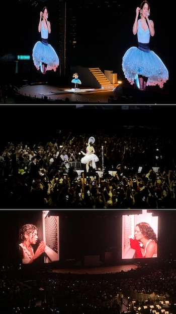 Tres fotografías verticales de un concierto en un escenario iluminado con pantallas gigantes y público presente