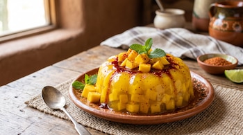 Gelatina amarilla de mango con chamoy y chile en polvo sobre un plato de barro, acompañada por una cuchara en una mesa de madera.