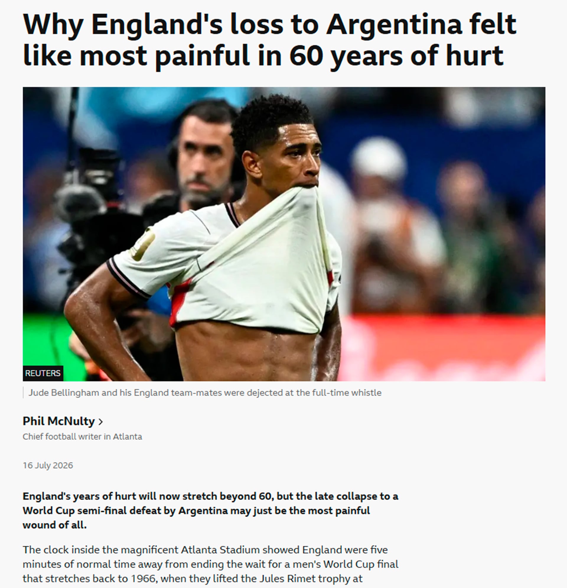 El medio inglés BBC Sport sostuvo el contexto doloroso que significó la derrota de Inglaterra