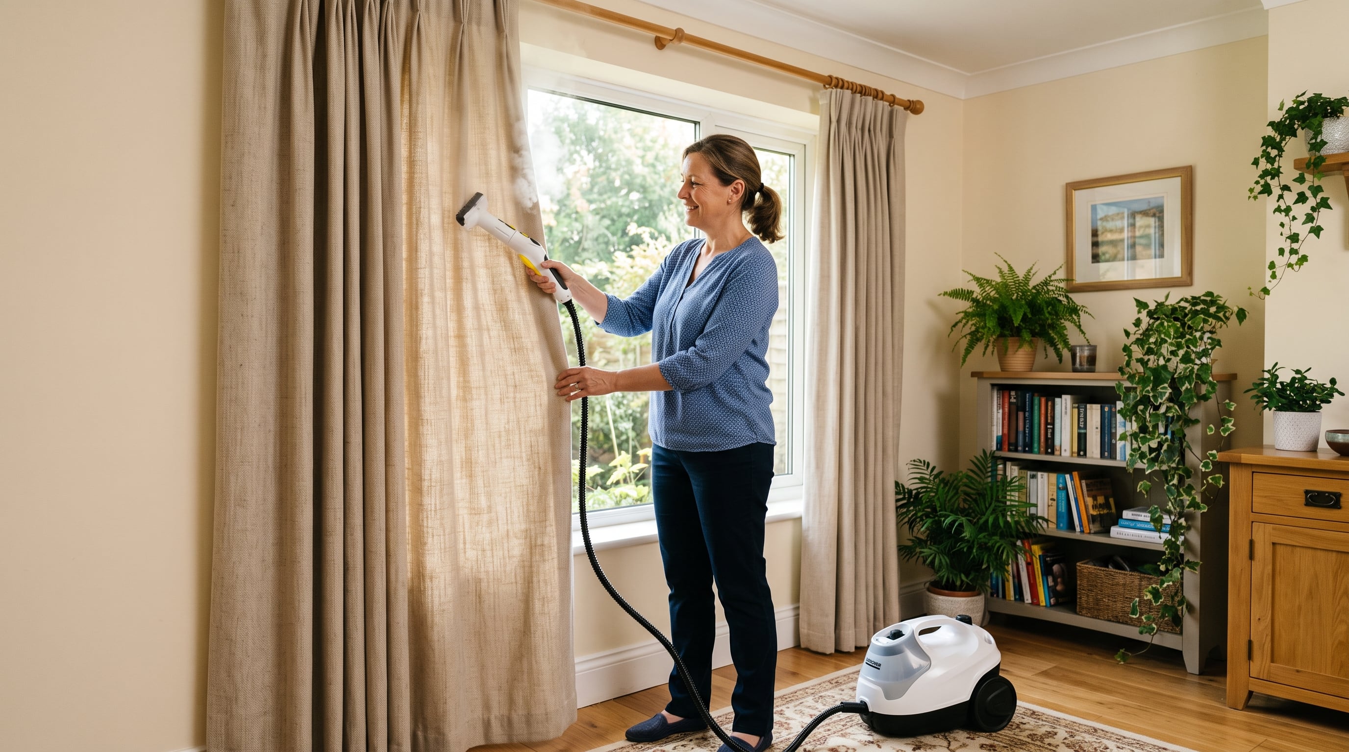 Una mujer limpia las cortinas de su hogar con una máquina de vapor junto a una ventana. (Imagen Ilustrativa Infobae)