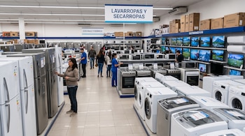 Interior de una tienda con filas de lavarropas, refrigeradores, cocinas y televisores, con carteles indicadores y personas en el pasillo.
