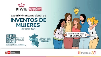 Afiche para la Exposición de Inventos de Mujeres en Corea 2026. Muestra dibujos de mujeres, una bombilla, mapa del Perú con íconos, código QR y fecha límite de inscripción
