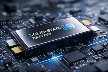 Batería de estado sólido plateada y rectangular con texto 'SOLID-STATE BATTERY' e icono de batería azul, integrada en una placa de circuito oscuro con brillos azules.