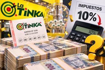Un boleto de lotería, fajos de billetes de cien soles peruanos, una calculadora y un texto que dice Impuestos 10 %