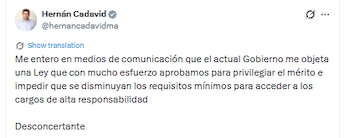 Hernán Cadavid, senador del Centro Democrático se mostró frustrado por las objeciones del Gobierno contrta su proyecto de ley - crédito @hernancadavidma/X
