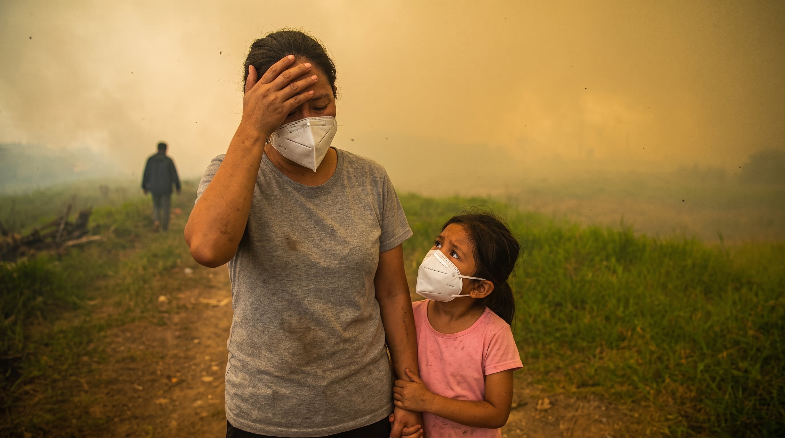 Una mujer se lleva la mano a la frente junto a una niña en un camino rural rodeado por denso humo mientras ambas llevan mascarillas. (Imagen Ilustrativa Infobae)
