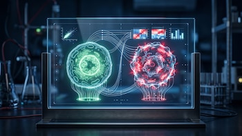 Pantalla transparente en un laboratorio con gráficos que conectan una célula verde brillante y una célula roja irregular